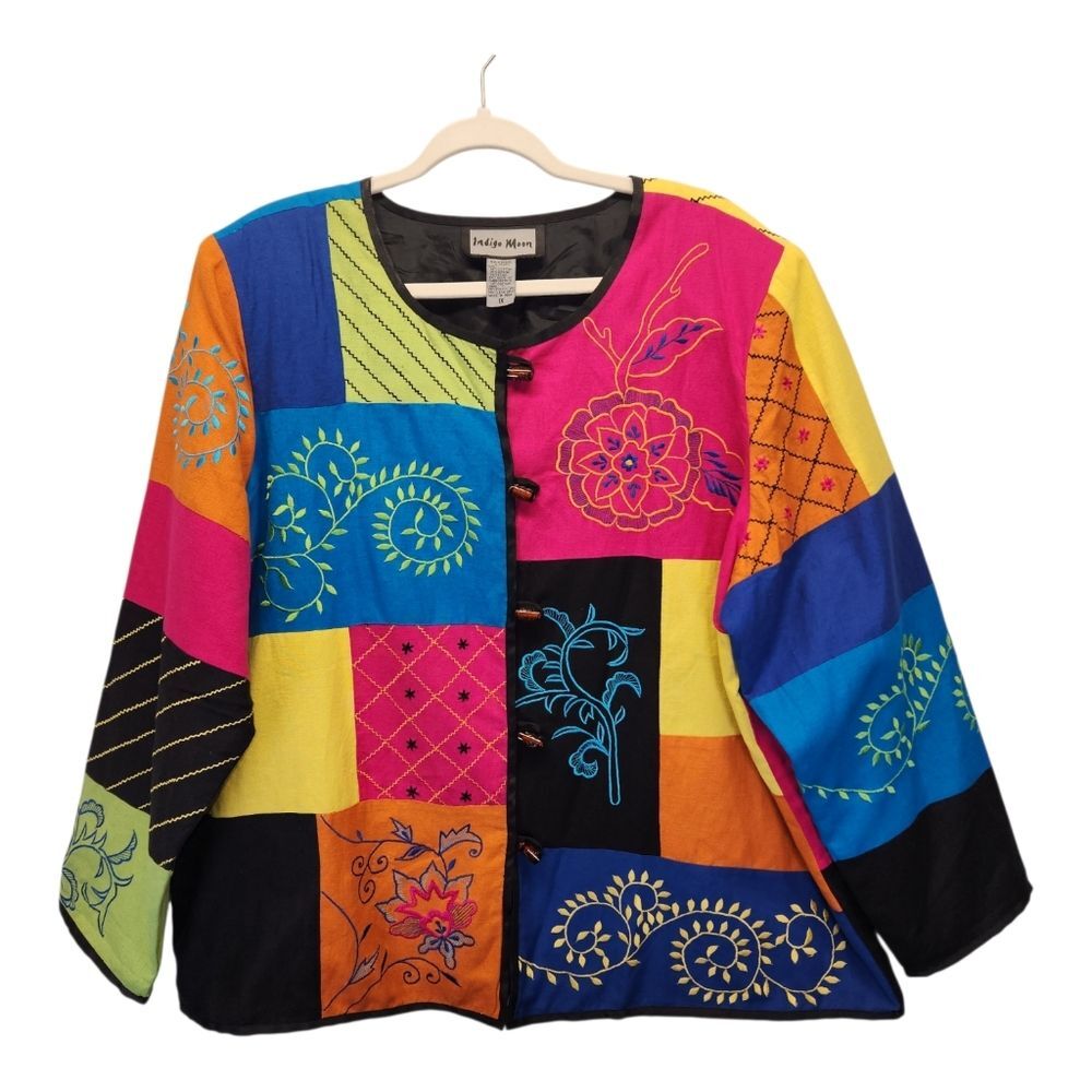 Indigo Moon Women's 1X Colorful Embroidered Patchwork Button Up Coat Boho Artsy